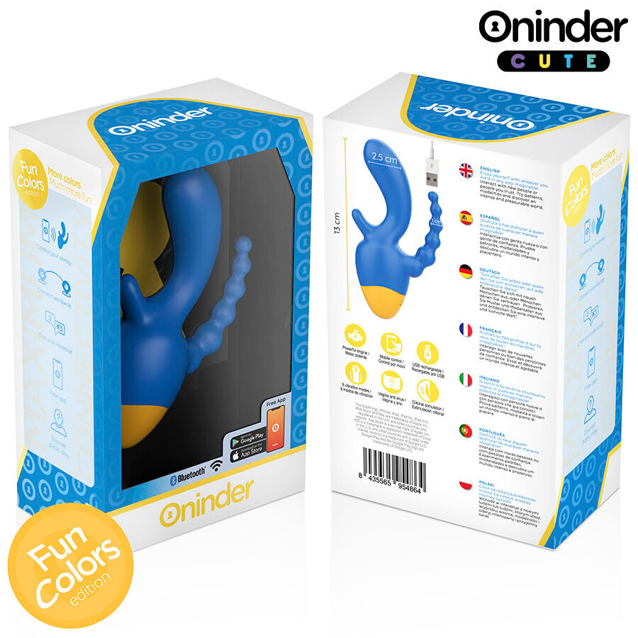 Close-up do Vibrador ONINDER CUTE Love 3 Some Triplo com controle por aplicativo, mostrando seu design ergonômico em azul e amarelo.