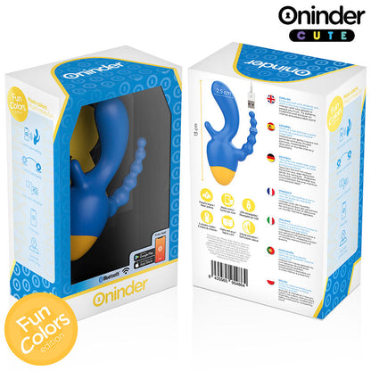 Close-up do Vibrador ONINDER CUTE Love 3 Some Triplo com controle por aplicativo, mostrando seu design ergonômico em azul e amarelo.