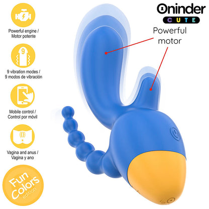 Close-up do Vibrador ONINDER CUTE Love 3 Some Triplo com controle por aplicativo, mostrando seu design ergonômico em azul e amarelo.