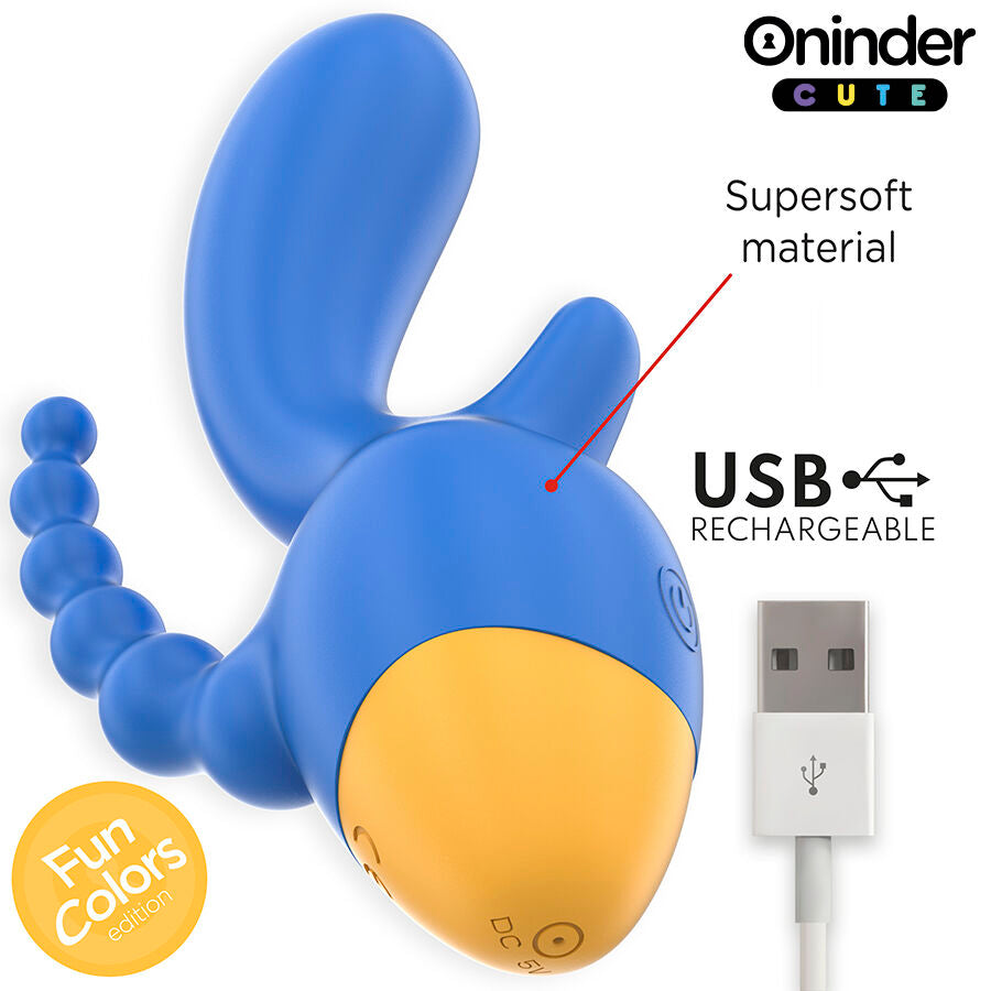 Close-up do Vibrador ONINDER CUTE Love 3 Some Triplo com controle por aplicativo, mostrando seu design ergonômico em azul e amarelo.