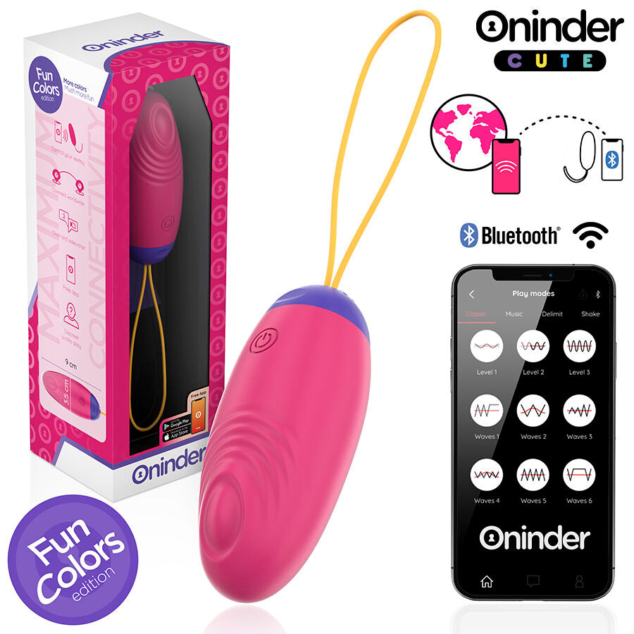 Close-up do ONINDER Ovo Vibratório CUTE, destacando seu design ergonómico, cor vibrante e cabo de carregamento USB.