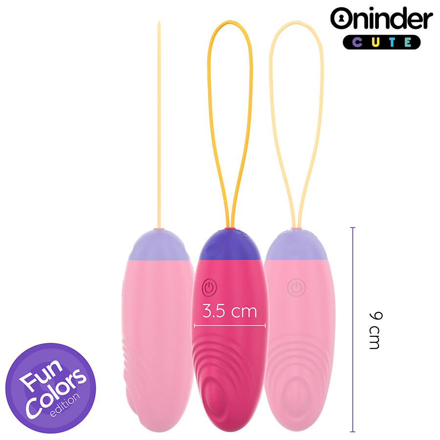 Close-up do ONINDER Ovo Vibratório CUTE, destacando seu design ergonómico, cor vibrante e cabo de carregamento USB.