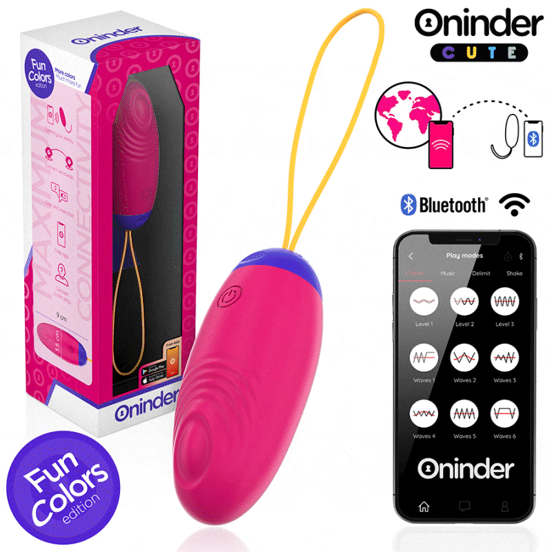 Close-up do ONINDER Ovo Vibratório CUTE, destacando seu design ergonómico, cor vibrante e cabo de carregamento USB.