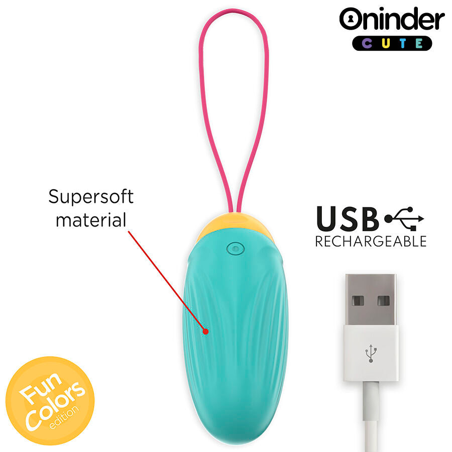Close-up do ONINDER Ovo Vibratório Cute Silicone App, mostrando seu design ergonómico e textura suave.