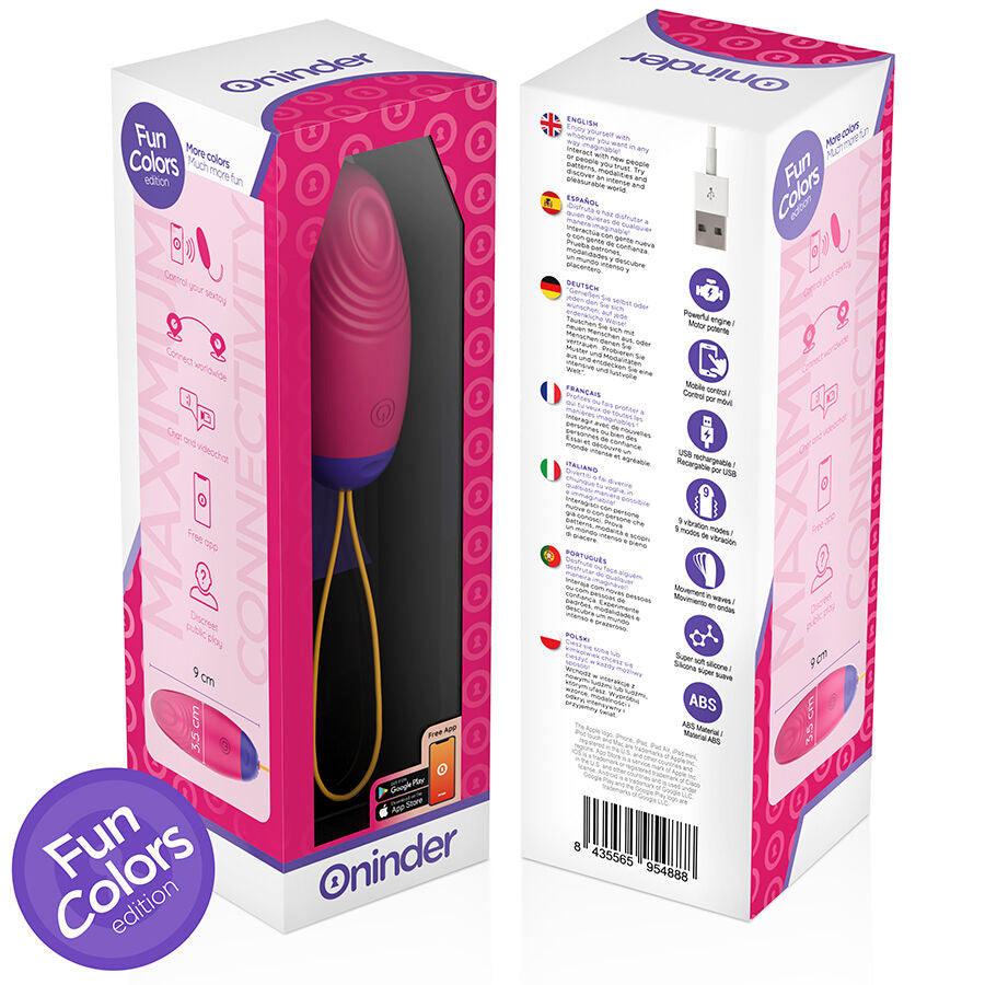 Close-up do ONINDER Ovo Vibratório CUTE, destacando seu design ergonómico, cor vibrante e cabo de carregamento USB.
