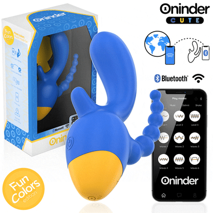 Close-up do Vibrador ONINDER CUTE Love 3 Some Triplo com controle por aplicativo, mostrando seu design ergonômico em azul e amarelo.