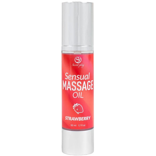 Frasco do Óleo de Massagem de Morango SECRETPLAY 50ml, ideal para massagens sensuais e relaxantes com aroma frutado.
