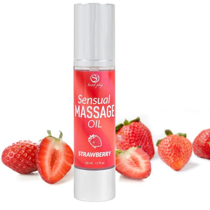 Frasco do Óleo de Massagem de Morango SECRETPLAY 50ml, ideal para massagens sensuais e relaxantes com aroma frutado.