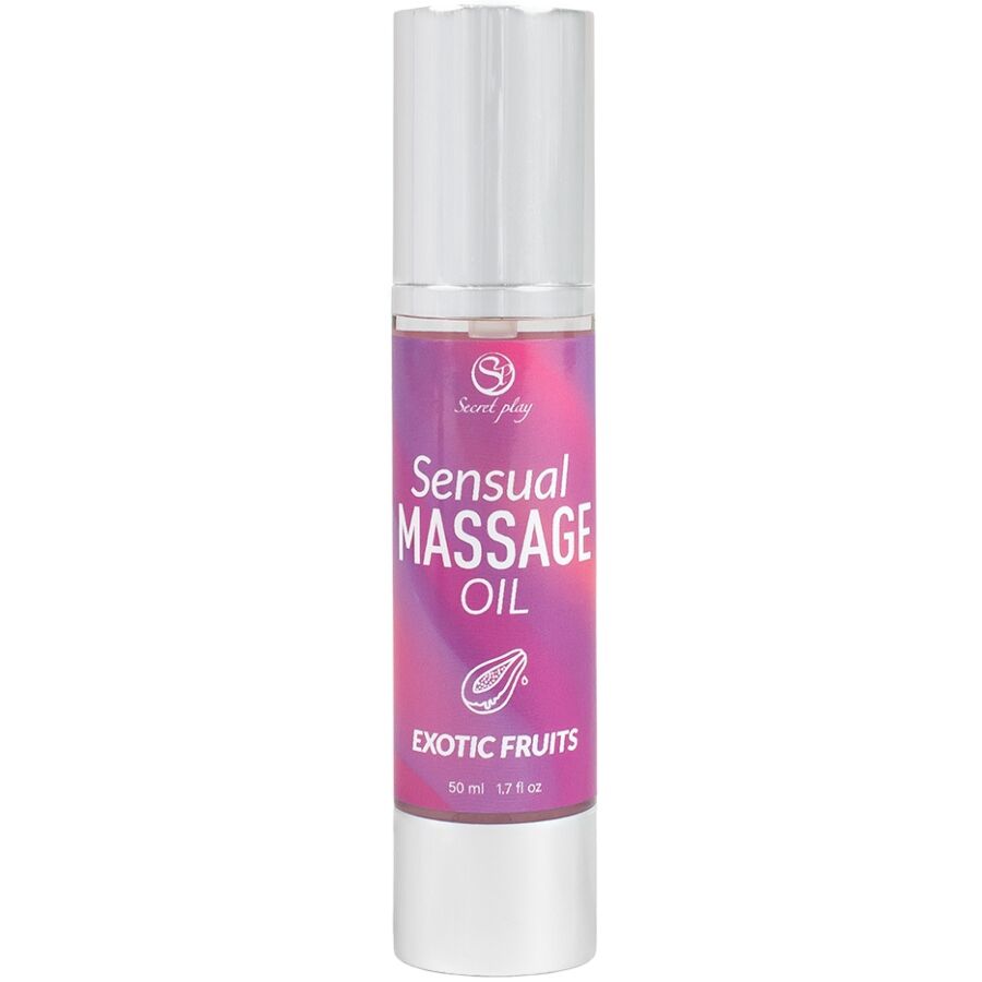 Frasco de Óleo de Massagem SECRETPLAY com Frutas Exóticas de 50ml, ideal para relaxamento e sensualidade.