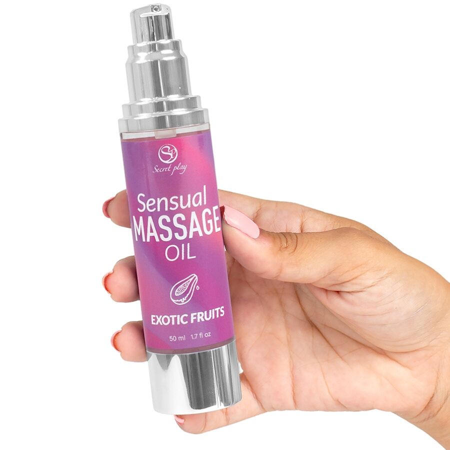 Frasco de Óleo de Massagem SECRETPLAY com Frutas Exóticas de 50ml, ideal para relaxamento e sensualidade.