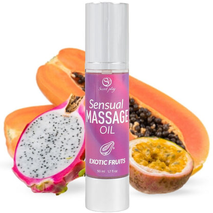 Frasco de Óleo de Massagem SECRETPLAY com Frutas Exóticas de 50ml, ideal para relaxamento e sensualidade.