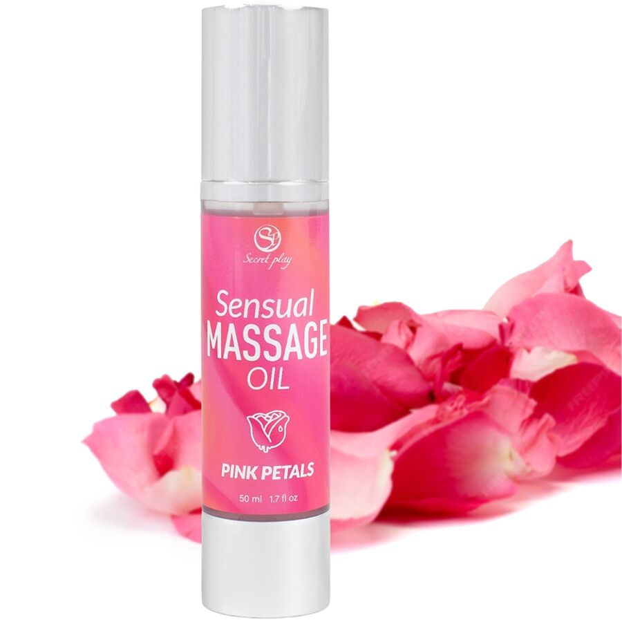 Embalagem do Óleo de Massagem SECRETPLAY Pink Petales 50ml, com detalhes do aroma de rosas e textura suave.