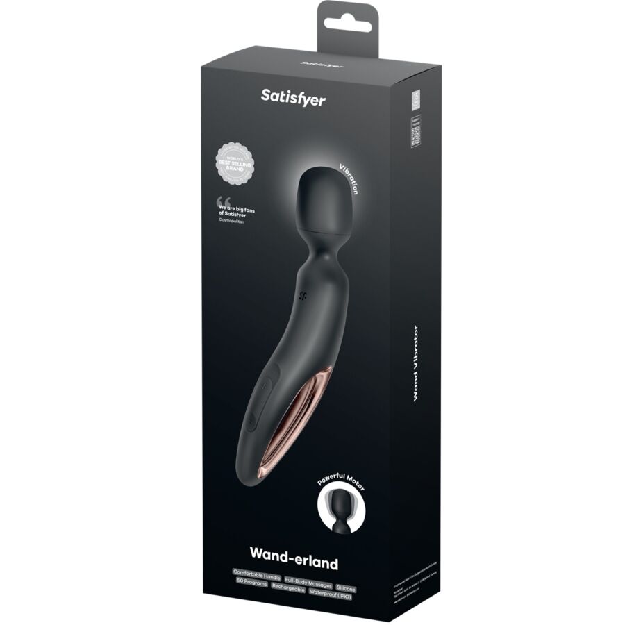 Detalhe do Satisfyer Wand-erland Vibrador Massageador Wand Preto, mostrando seu design ergonômico e superfície de silicone
