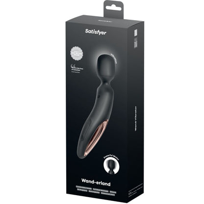 Detalhe do Satisfyer Wand-erland Vibrador Massageador Wand Preto, mostrando seu design ergonômico e superfície de silicone