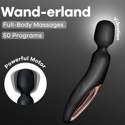 Detalhe do Satisfyer Wand-erland Vibrador Massageador Wand Preto, mostrando seu design ergonômico e superfície de silicone