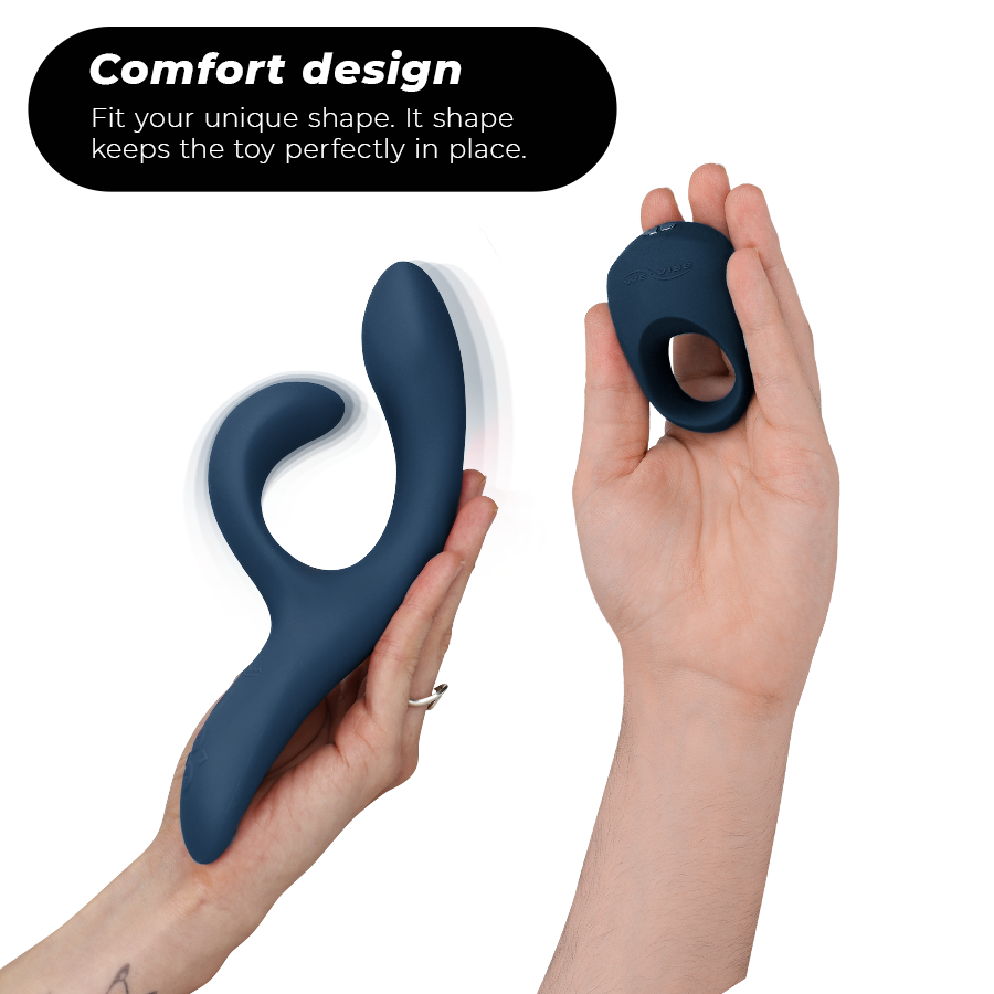 Close-up do WE-VIBE Conjunto de Prazer para Casais Nova 2 e Pivot, mostrando seus componentes de silicone e design ergonómico.
