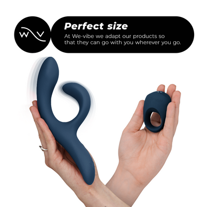 Close-up do WE-VIBE Conjunto de Prazer para Casais Nova 2 e Pivot, mostrando seus componentes de silicone e design ergonómico.