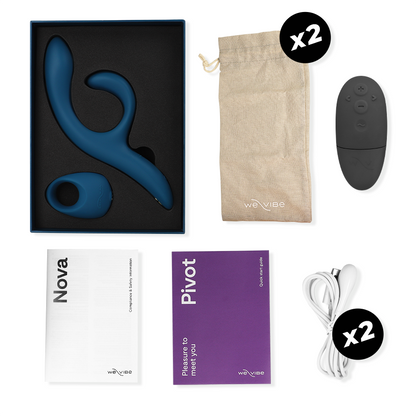 Close-up do WE-VIBE Conjunto de Prazer para Casais Nova 2 e Pivot, mostrando seus componentes de silicone e design ergonómico.