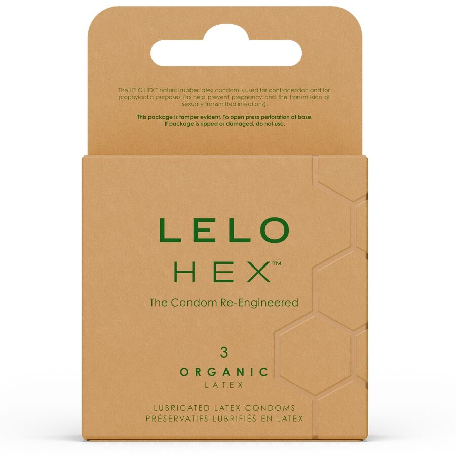 Caixa de LELO Preservativos Orgânicos HEX 3 Unidades com foco na embalagem e detalhes.
