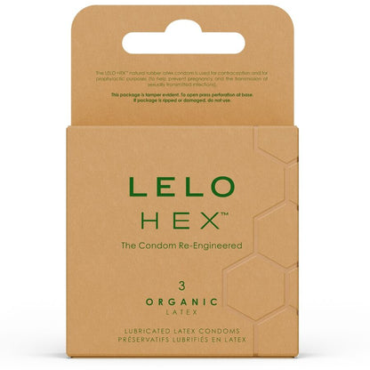 Caixa de LELO Preservativos Orgânicos HEX 3 Unidades com foco na embalagem e detalhes.