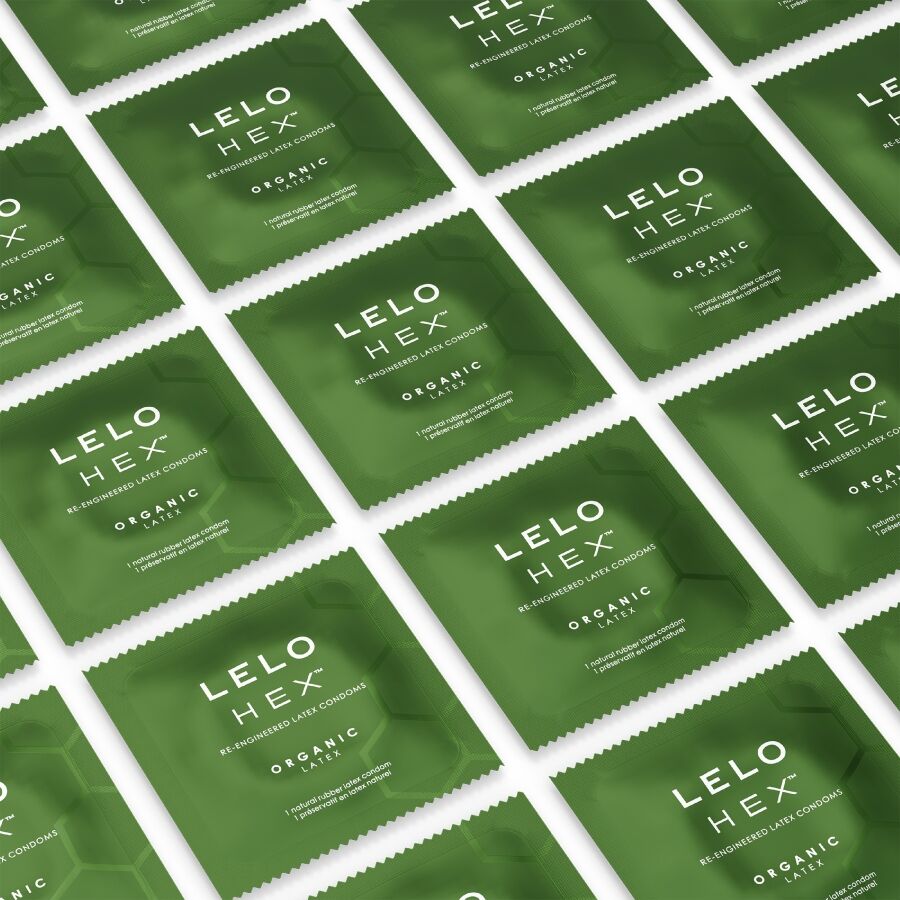 Caixa de LELO Preservativos Orgânicos HEX L-Arginina 12 Unidades, destacando a embalagem e o design.