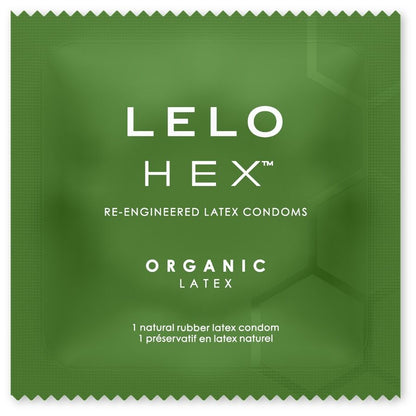 Imagem dos preservativos LELO HEX Orgânicos com L-Arginina, mostrando a embalagem de 36 unidades e a textura hexagonal.