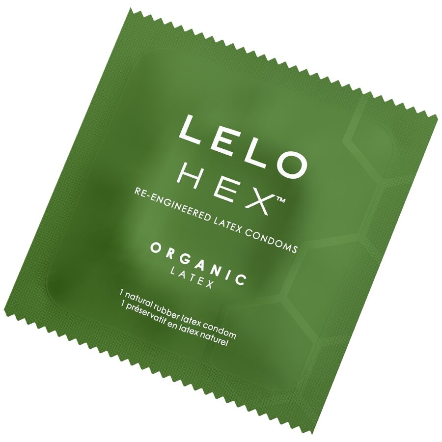Imagem dos preservativos LELO HEX Orgânicos com L-Arginina, mostrando a embalagem de 36 unidades e a textura hexagonal.