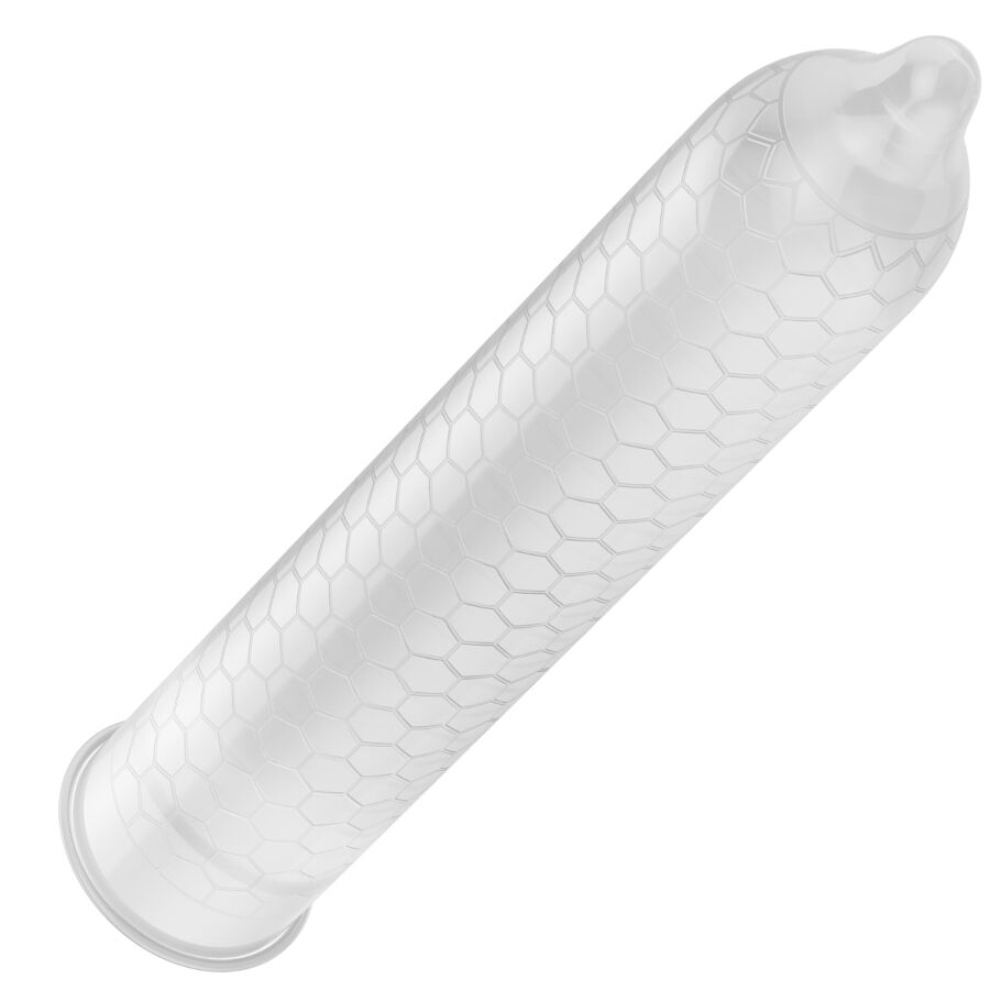 Imagem dos preservativos LELO HEX Orgânicos com L-Arginina, mostrando a embalagem de 36 unidades e a textura hexagonal.