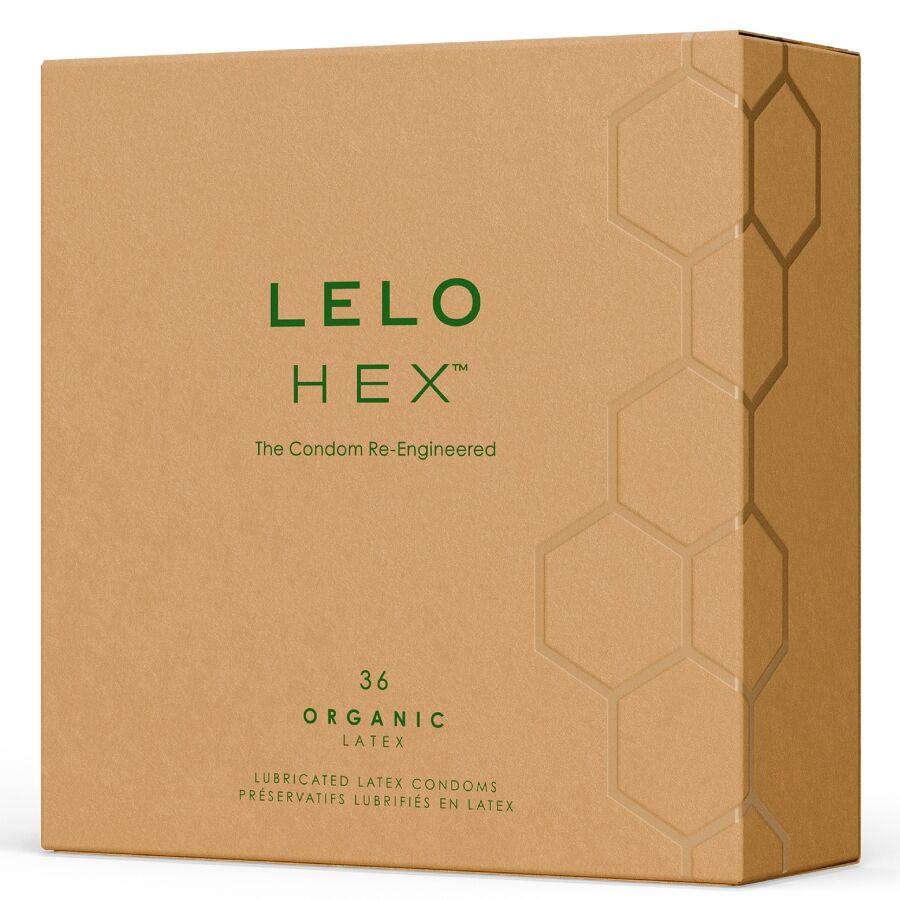 Imagem dos preservativos LELO HEX Orgânicos com L-Arginina, mostrando a embalagem de 36 unidades e a textura hexagonal.