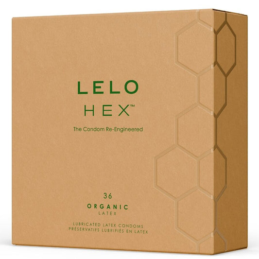 Imagem dos preservativos LELO HEX Orgânicos com L-Arginina, mostrando a embalagem de 36 unidades e a textura hexagonal.