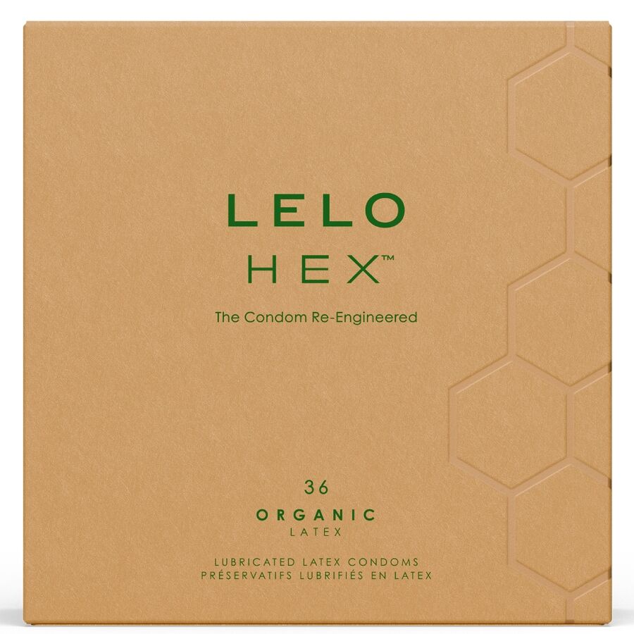 Imagem dos preservativos LELO HEX Orgânicos com L-Arginina, mostrando a embalagem de 36 unidades e a textura hexagonal.