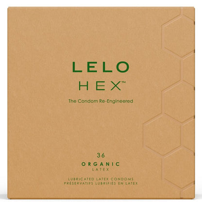 Imagem dos preservativos LELO HEX Orgânicos com L-Arginina, mostrando a embalagem de 36 unidades e a textura hexagonal.