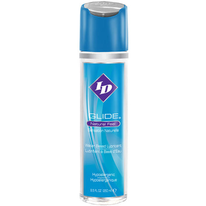 Frasco de ID Lubrificante Íntimo Glide 250 ML, à base de água para conforto e prazer.