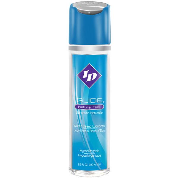 Frasco de ID Lubrificante Íntimo Glide 250 ML, à base de água para conforto e prazer.