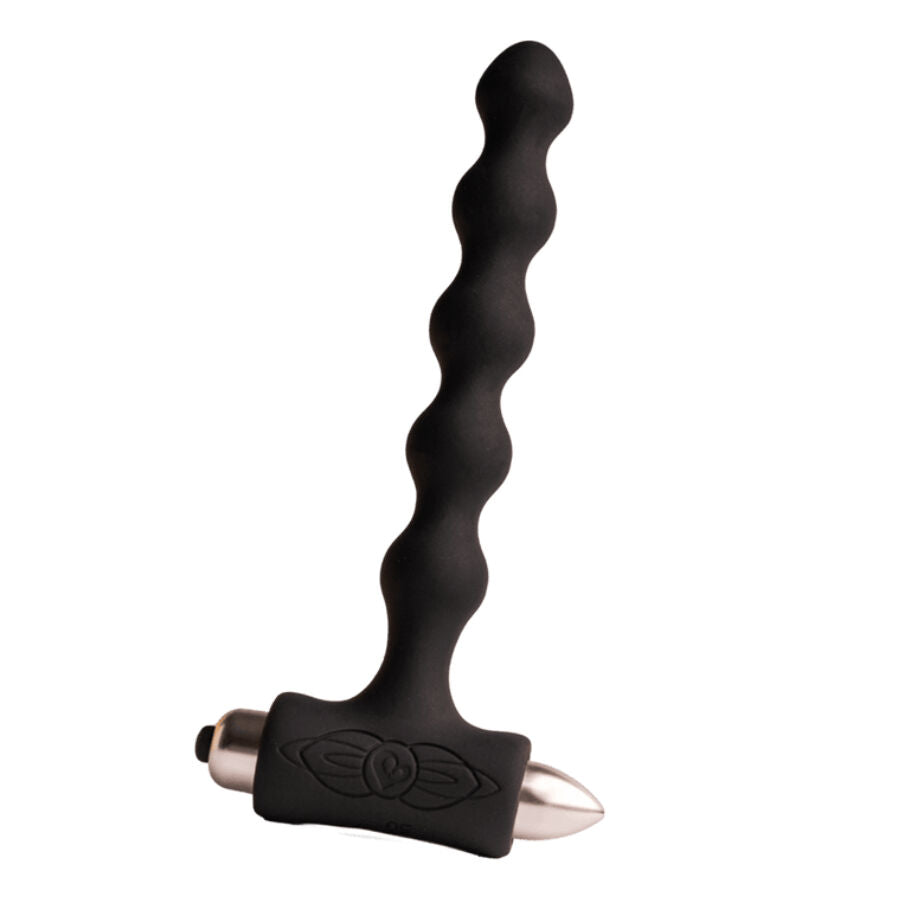 ROCKS-OFF Petite Sensations Pearls Plug Anal Vibrador Preto, mostrando o design de pérolas e a base segura.