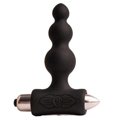Close-up of the ROCKS-OFF Petite Sensations Bubbles Plug Anal Vibrador Preto showing its ergonomic design and textured surface with gradual spheres.