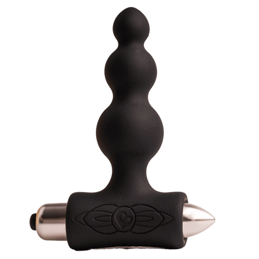 Close-up of the ROCKS-OFF Petite Sensations Bubbles Plug Anal Vibrador Preto showing its ergonomic design and textured surface with gradual spheres.