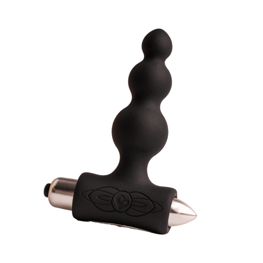 Close-up of the ROCKS-OFF Petite Sensations Bubbles Plug Anal Vibrador Preto showing its ergonomic design and textured surface with gradual spheres.