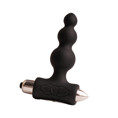 Close-up of the ROCKS-OFF Petite Sensations Bubbles Plug Anal Vibrador Preto showing its ergonomic design and textured surface with gradual spheres.