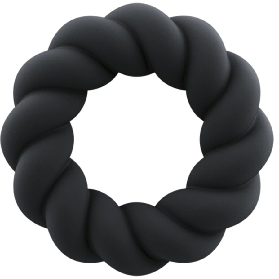ROCKS-OFF Anel Peniano Twist em Silicone Preto, design ergonómico para prazer e ereções duradouras.