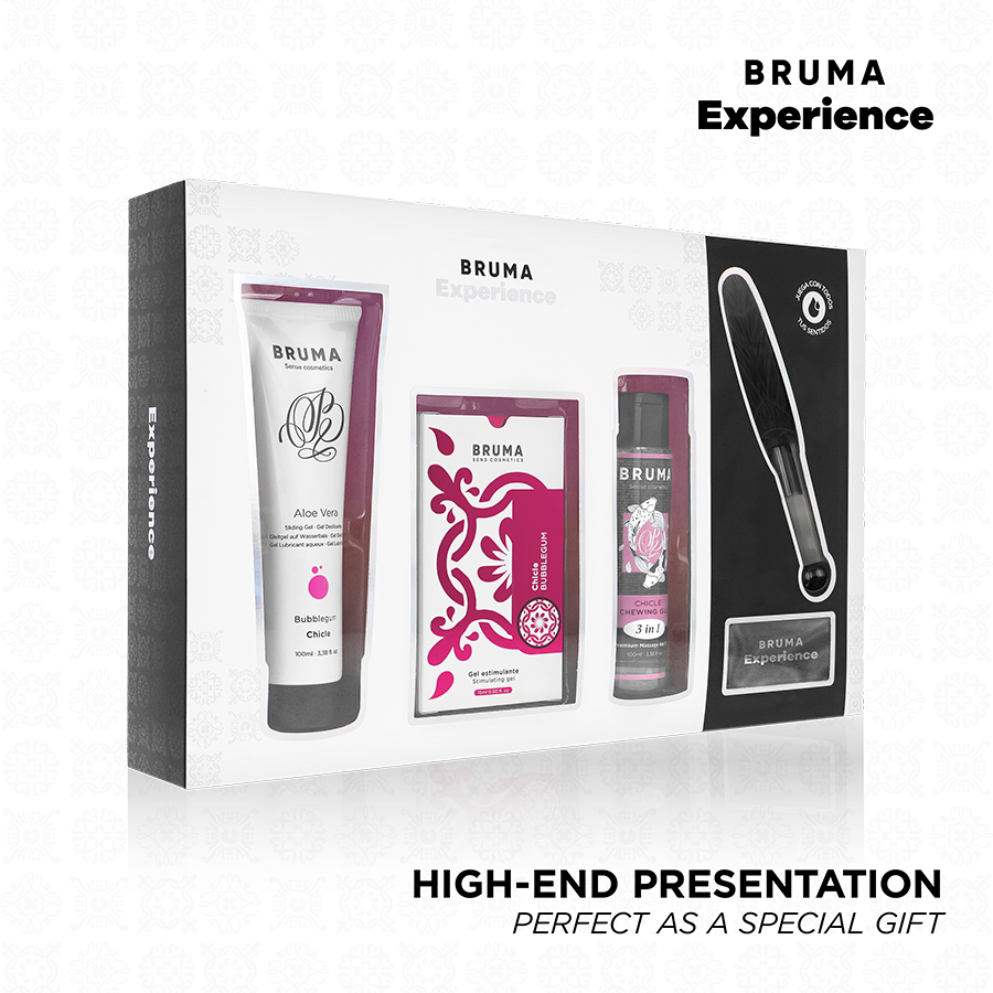 Close-up do BRUMA Kit Sensorial Chiclete Tentação com potencializador de orgasmo e acessórios
