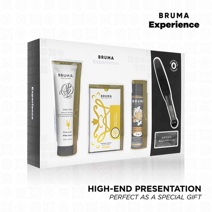 BRUMA XPERIENCE Kit Vibro-Orgásmico Pina Colada, mostrando os componentes do kit: vibrador líquido, lubrificante, óleo, pena e venda.