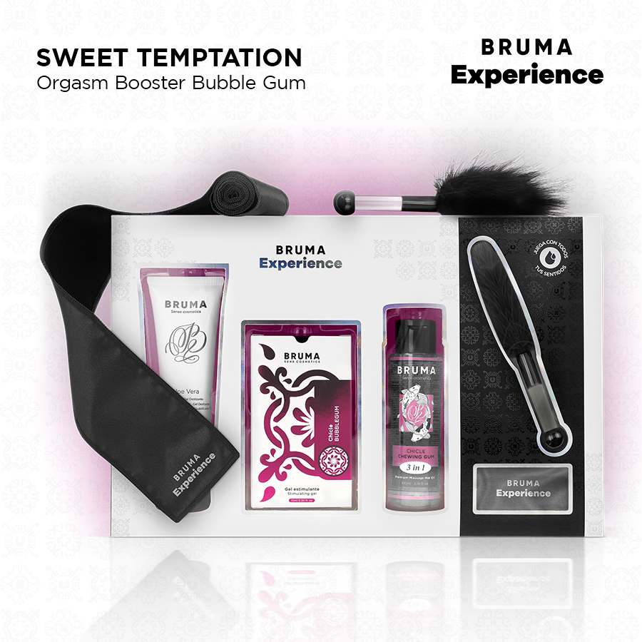 Close-up do BRUMA Kit Sensorial Chiclete Tentação com potencializador de orgasmo e acessórios