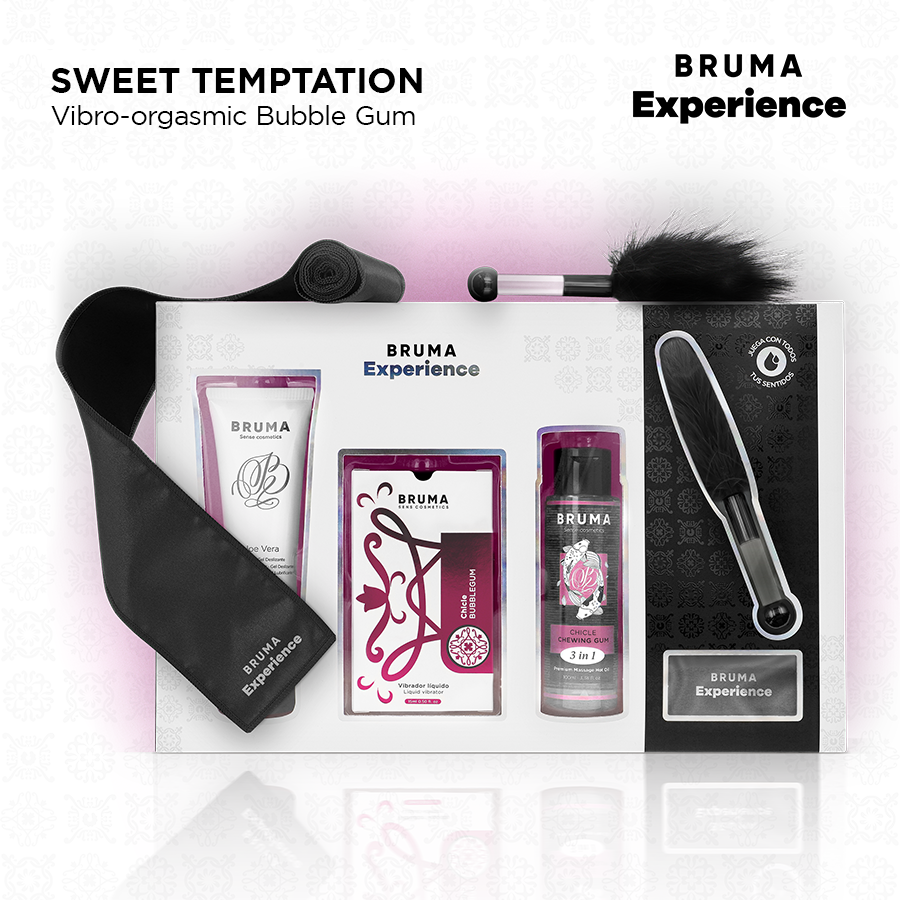 Kit Vibro-Orgásmico BRUMA XPERIENCE Sabor Chiclete Doce Tentação com todos os componentes.