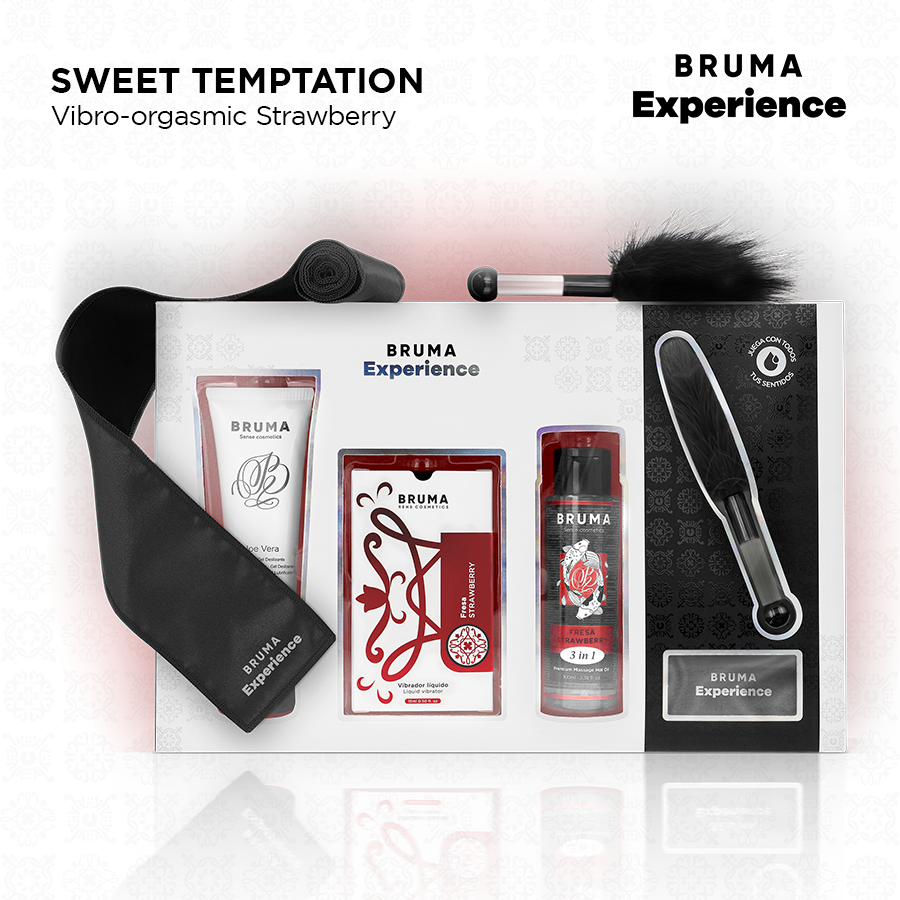 Close-up do Kit de Tentação Vibro-Orgásmica BRUMA Xperience Morango Doce com seus componentes.