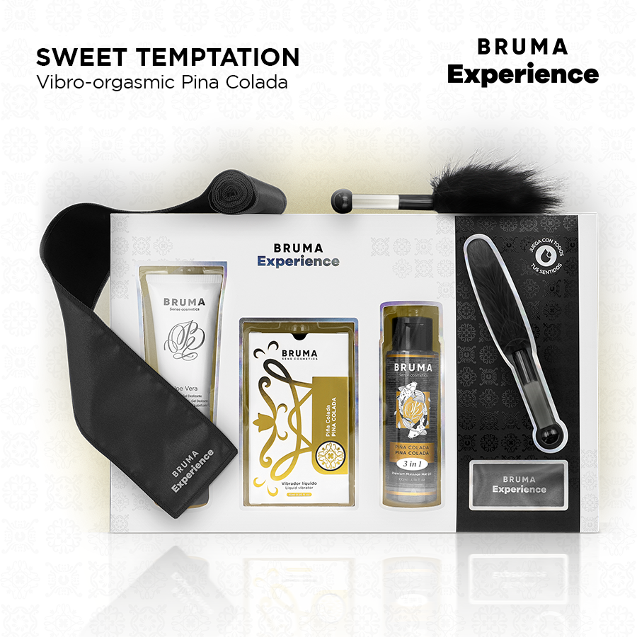 BRUMA XPERIENCE Kit Vibro-Orgásmico Pina Colada, mostrando os componentes do kit: vibrador líquido, lubrificante, óleo, pena e venda.
