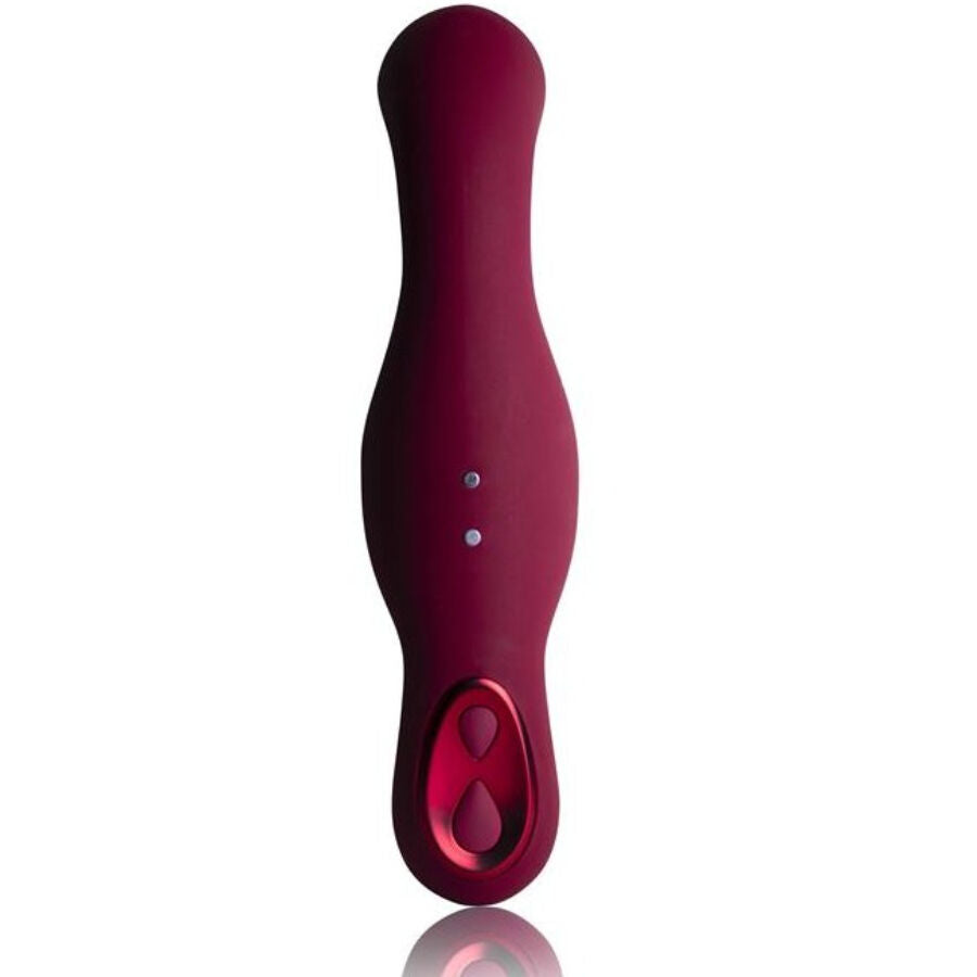 Close-up of the ROCKS-OFF Vibrador Ruby Glow Blush Vermelho 2 em 1 with remote control, highlighting its ergonomic design and dual functionality.