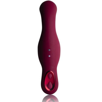 Close-up of the ROCKS-OFF Vibrador Ruby Glow Blush Vermelho 2 em 1 with remote control, highlighting its ergonomic design and dual functionality.
