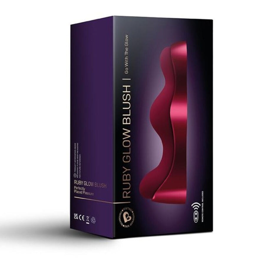 Close-up of the ROCKS-OFF Vibrador Ruby Glow Blush Vermelho 2 em 1 with remote control, highlighting its ergonomic design and dual functionality.