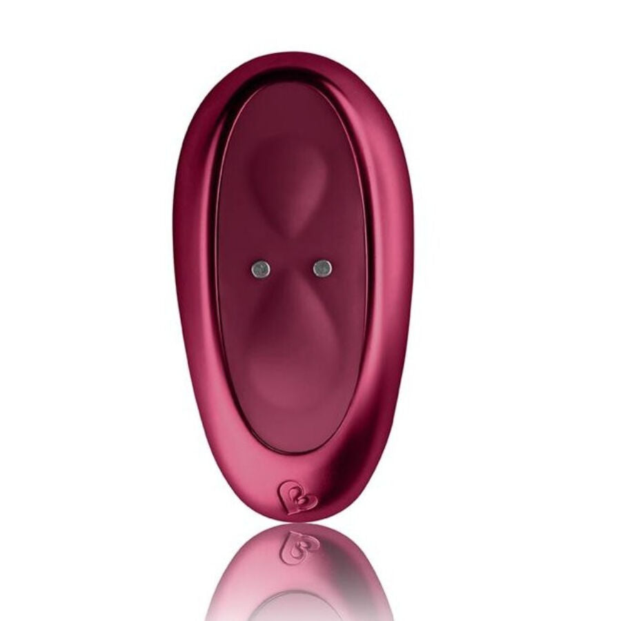 Close-up of the ROCKS-OFF Vibrador Ruby Glow Blush Vermelho 2 em 1 with remote control, highlighting its ergonomic design and dual functionality.